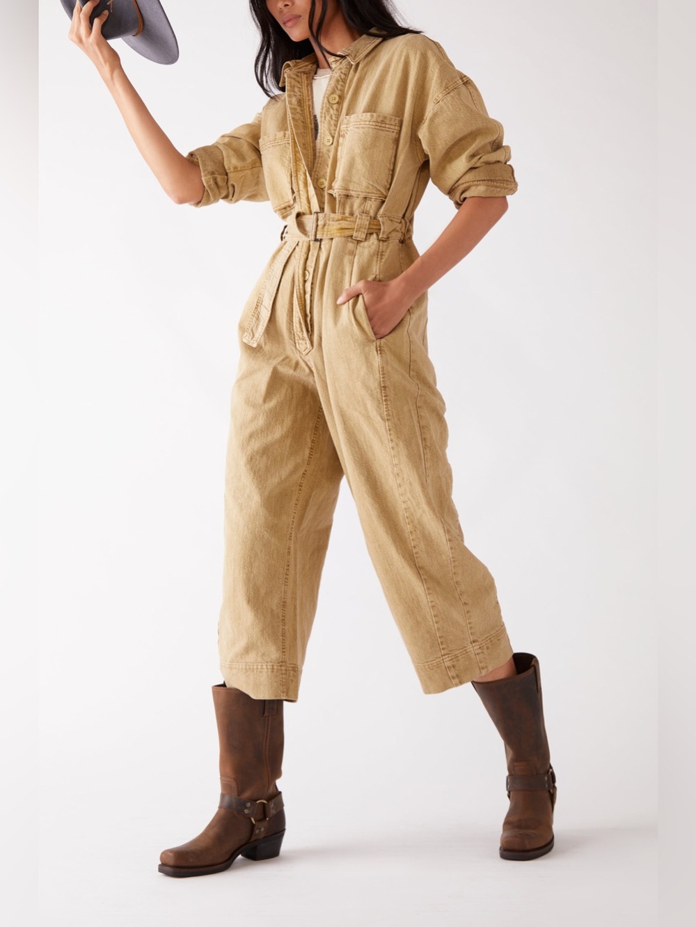 Free People Wayward Super Slouch Coverall Jumpsuit - Tan Denim